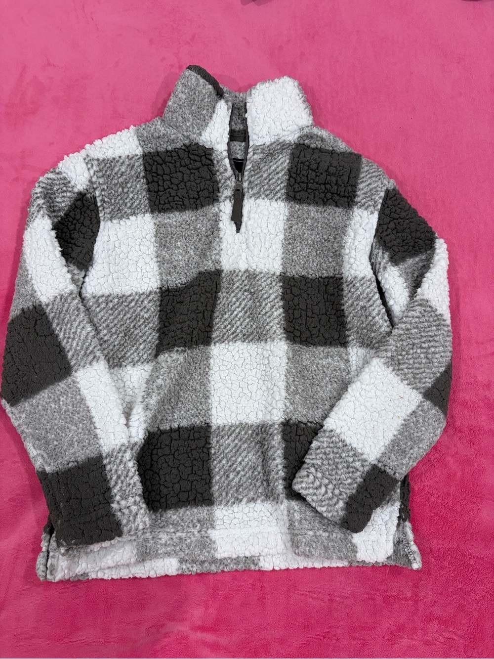 Kids’ Sherpa Pullover - Gray & White Tartan Pattern